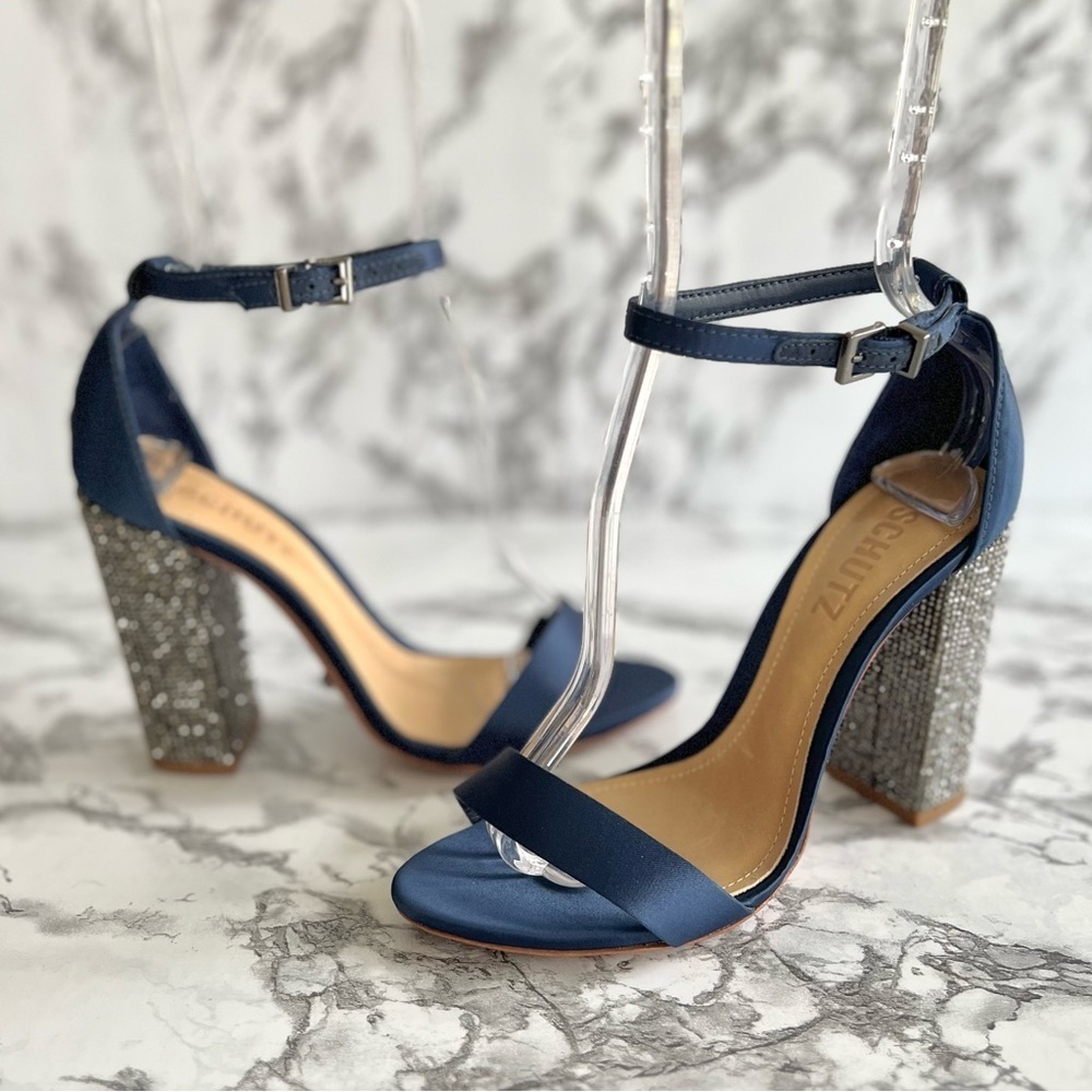 Schutz Hara Sandals Blue Satin Rhinestone Block Heel Ankle Strap 6 Cocktail Glam - Picture 4 of 17